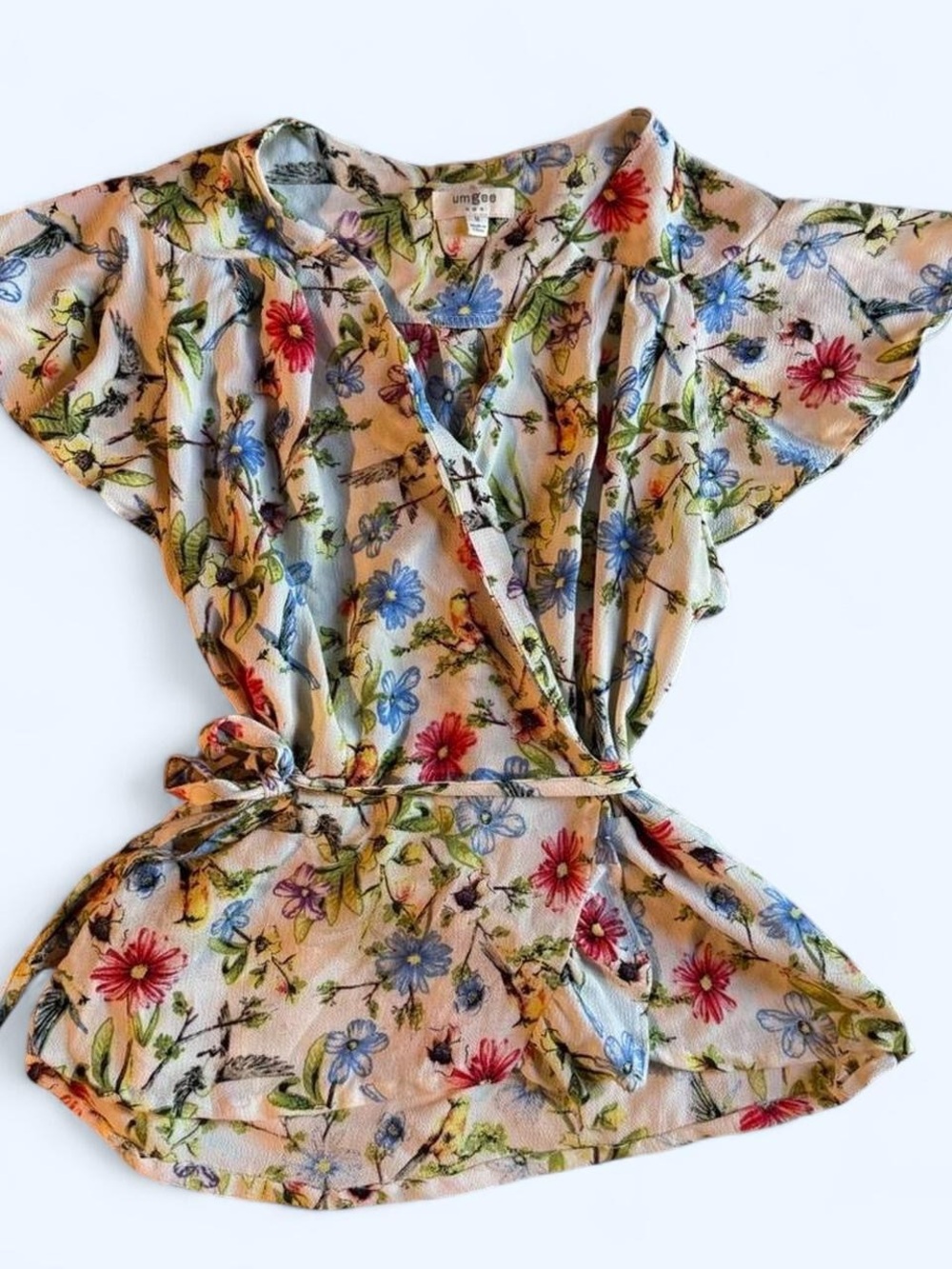 Umgee Cream Floral Wrap Tie Blouse with Blue & Red Accents